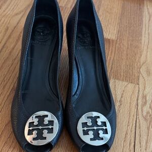 Tory Burch Black Peep-Toe Wedge Heels